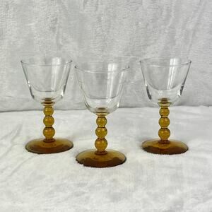 Libbey Knob Hill Amber Cordial Glasses Set Of 3 5.25" Mid Century Beaded Stem